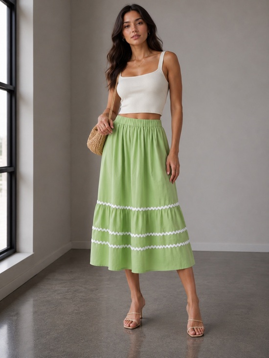 Dresses & Skirts - 261. Light Green Tiered Midi Skirt with White Trim